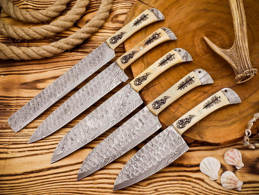 Handmade Damascus Chef Knife Set – 5-Piece Kitchen Knife Collection with Camel Bone Handles & Leather Sheaths | DRSKNIVES HUB