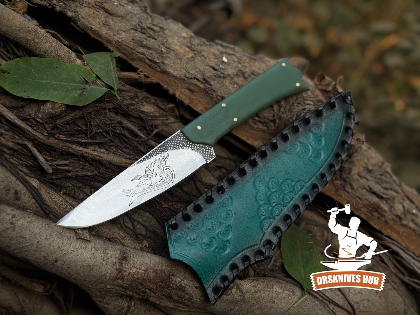 Handmade Fixed Blade Knife with Green Micarta Handle & Custom Leather Sheath | DRSKNIVES HUB