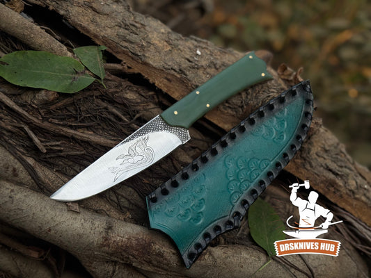 Handmade Fixed Blade Knife with Green Micarta Handle & Custom Leather Sheath | DRSKNIVES HUB