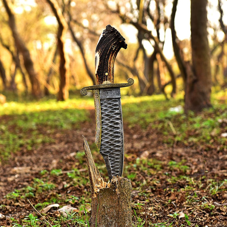CUSTOM HANDMADE BIG BOWIE STONE WASHED STEEL ANTLER HANDLE KNIFE || DRS KNIVES HUB