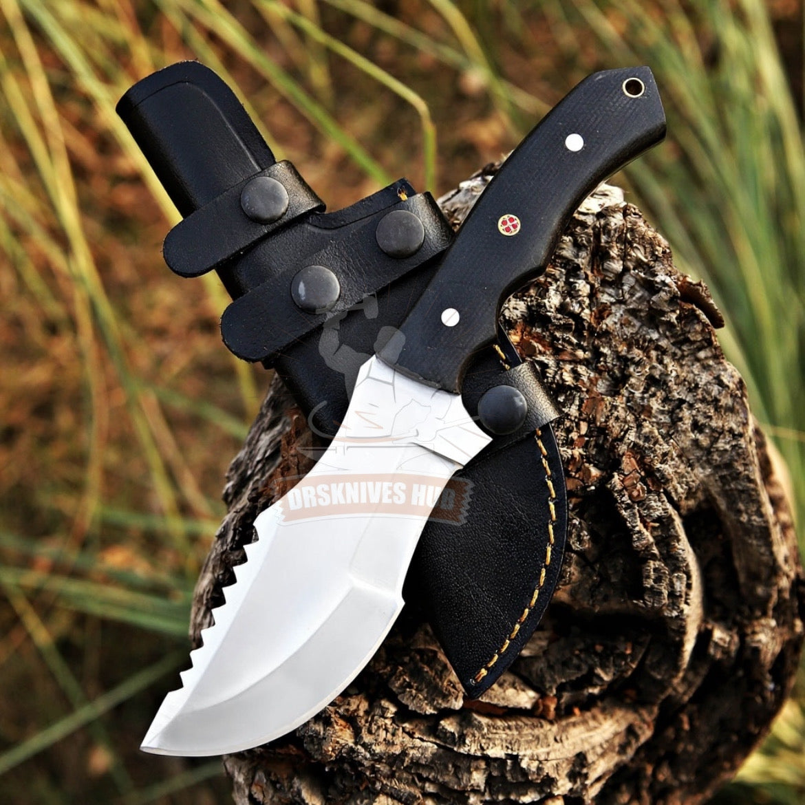 D2 Tracker Knife 10" – Black Micarta Handle with Leather Sheath | DRSKNIVES HUB