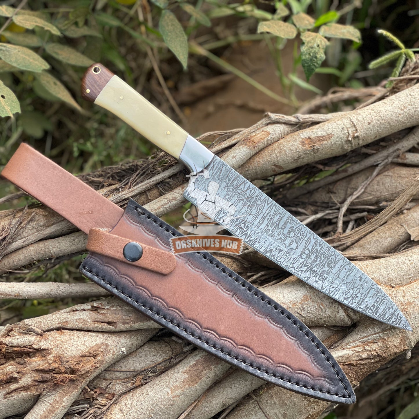 Handmade Damascus Steel Chef Knife | Rosewood & Camel Bone Handle with Leather Sheath | DRSKNIVES HUB