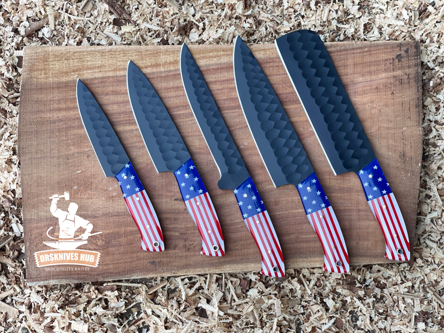 American Flag-Themed Damascus Knife Set