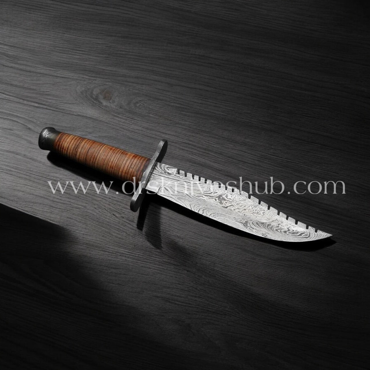 RAMBO KNITE HANDMADE DAMASCUS STEEL BLADE BOWIE KNIFE WITH LEATHER SHEATH || DRS KNIVES HUB