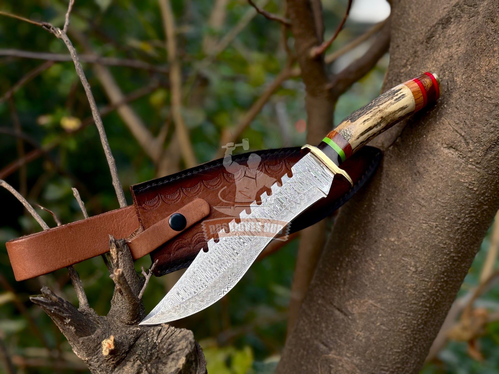 Handmade Damascus Steel Hunting Knife Stag Antler Handle Bowie Knife | DRSKNIVES HUB 