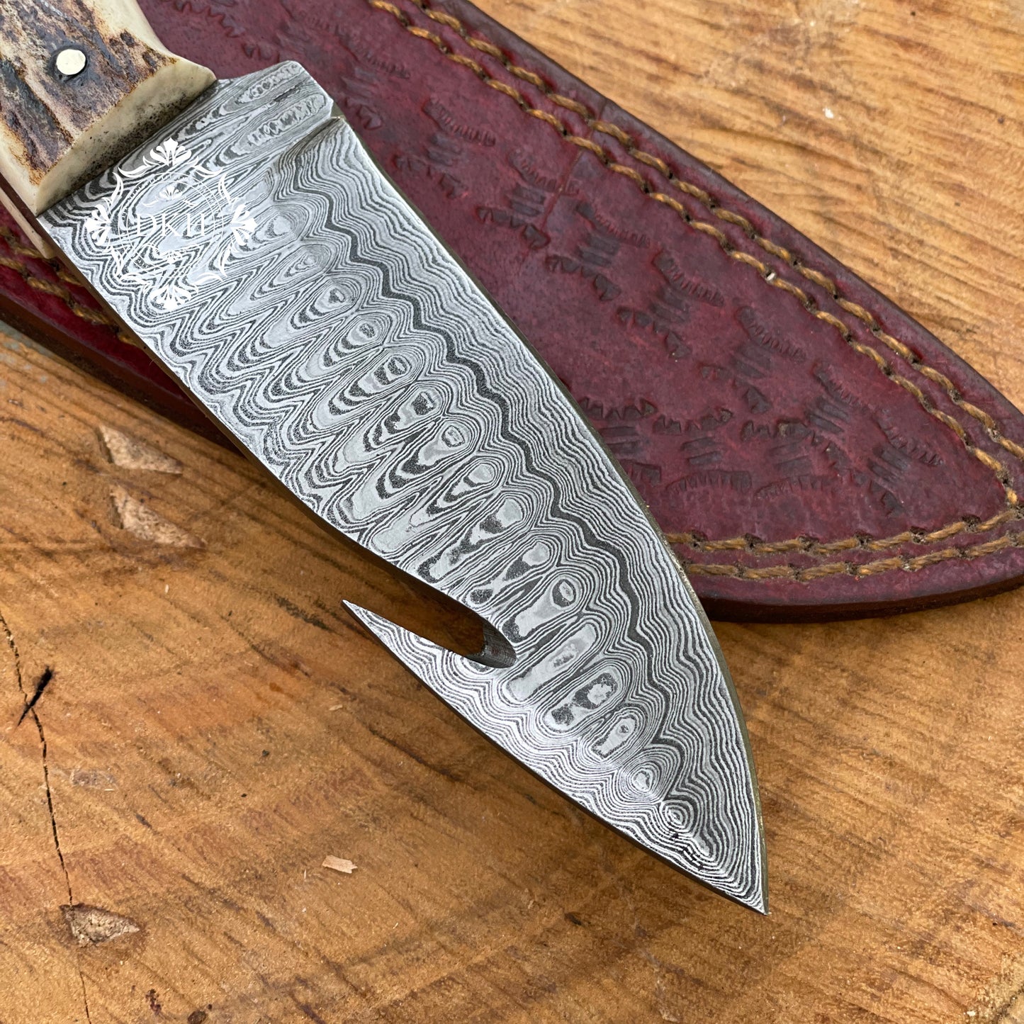 9” Damascus Steel Blade Gut Hook Hunting Knife With leather Sheath Cover