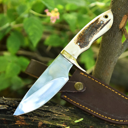 Handmade  fixed blade skinner knife - stag antler handle