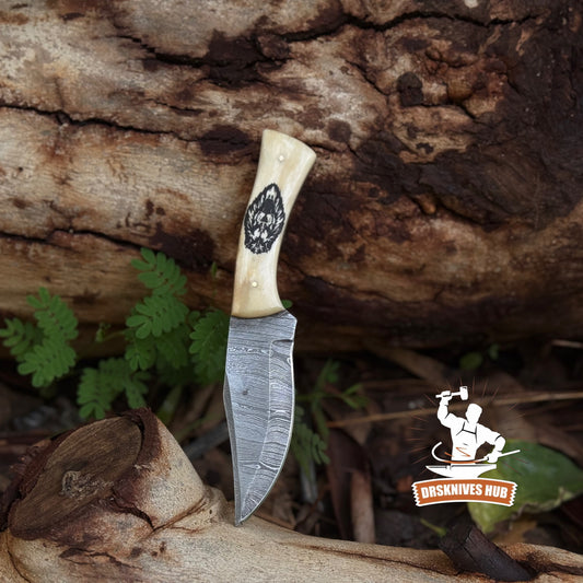 Beautiful Handmade Damascus Hunting Skinner Knife Bone Handle with Lion  Print | DRSKNIVES HUB
