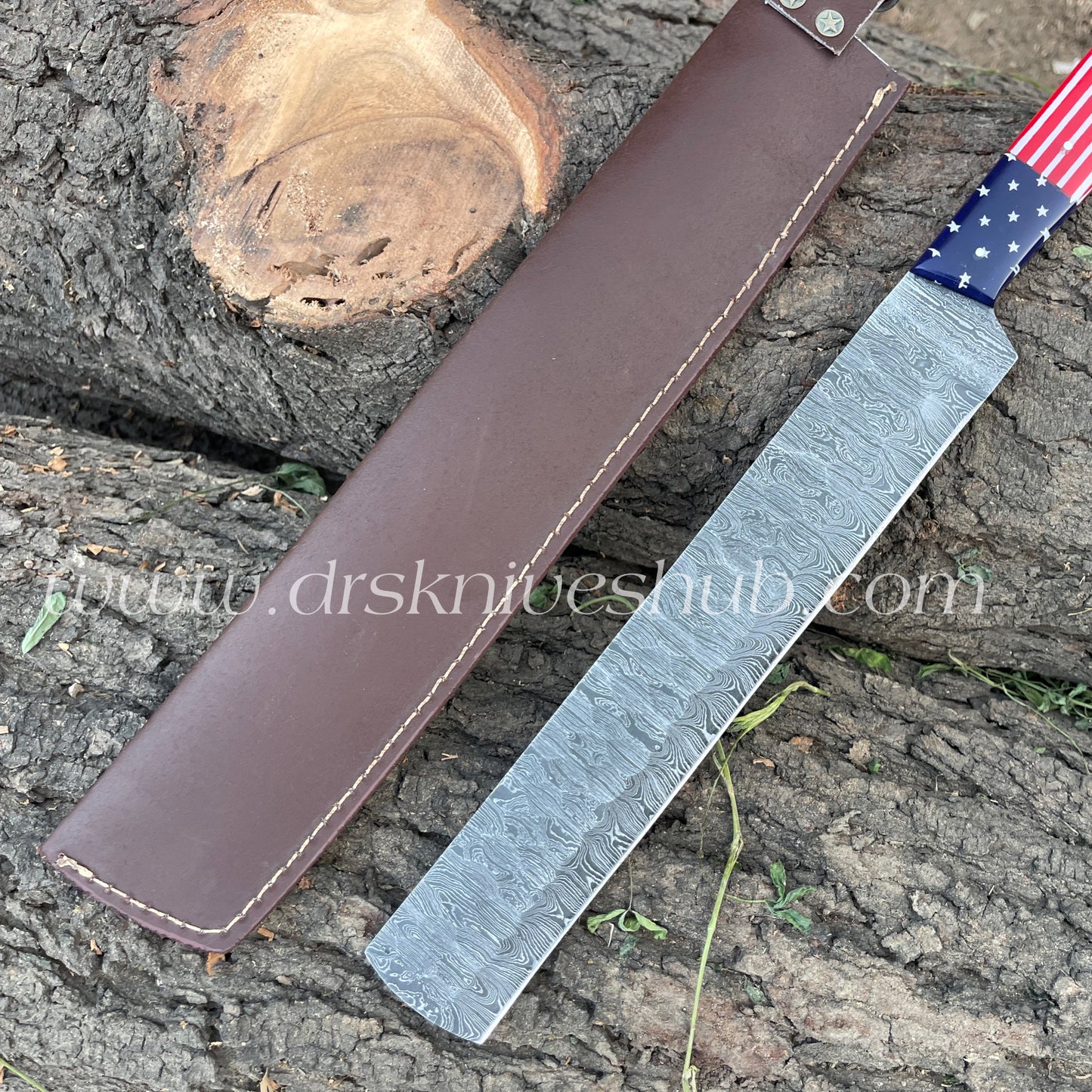 Brisket Knife With Leather Cover Custom Made Damascus Steel Blade BBQ Knife Bread Knife. Christmas Gift