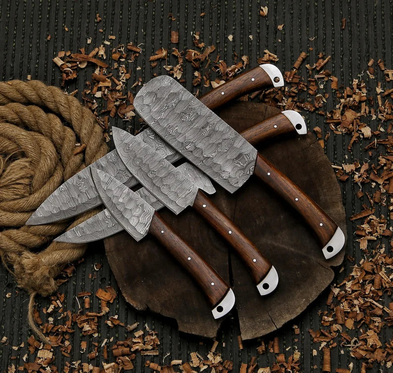 Rose Wood Handle Handmade Damascus Steel Chef Set With Leather Roll kit Bag