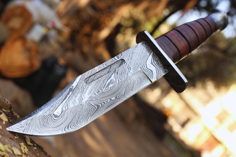 HUNTING BOWIE KNIFE HANDMADE DAMASCUS STEEL BLADE || DRS KNIVES HUB