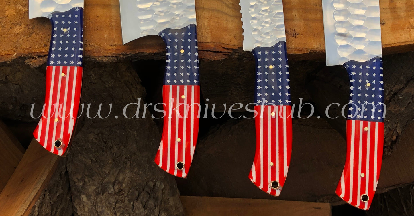 American Flag Themed Handle J2 Steel Mirror polished Handmade Chef Set