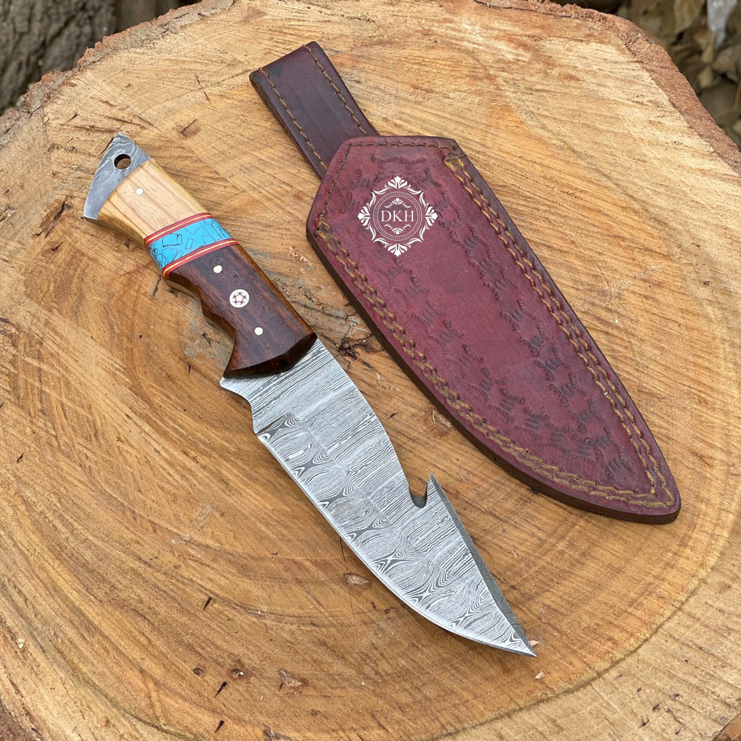 Hand Forged Damascus Steel Gut Hook Hunting Knife