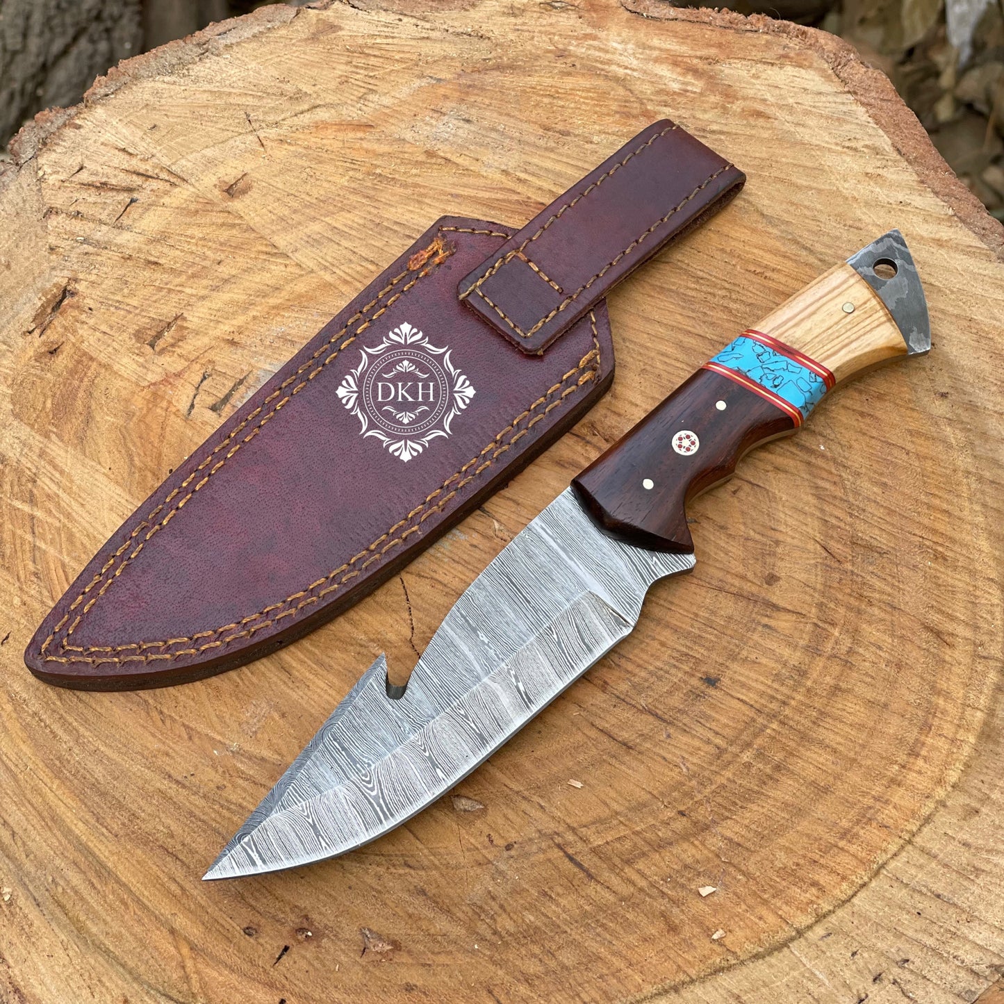 Hand Forged Damascus Steel Gut Hook Hunting Knife