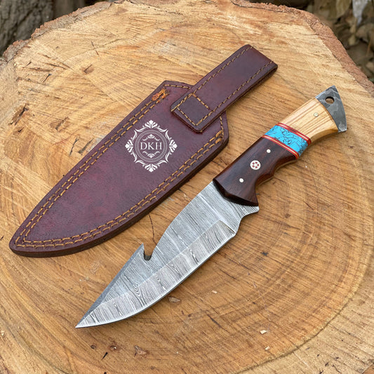 Hand Forged Damascus Steel Gut Hook Hunting Knife