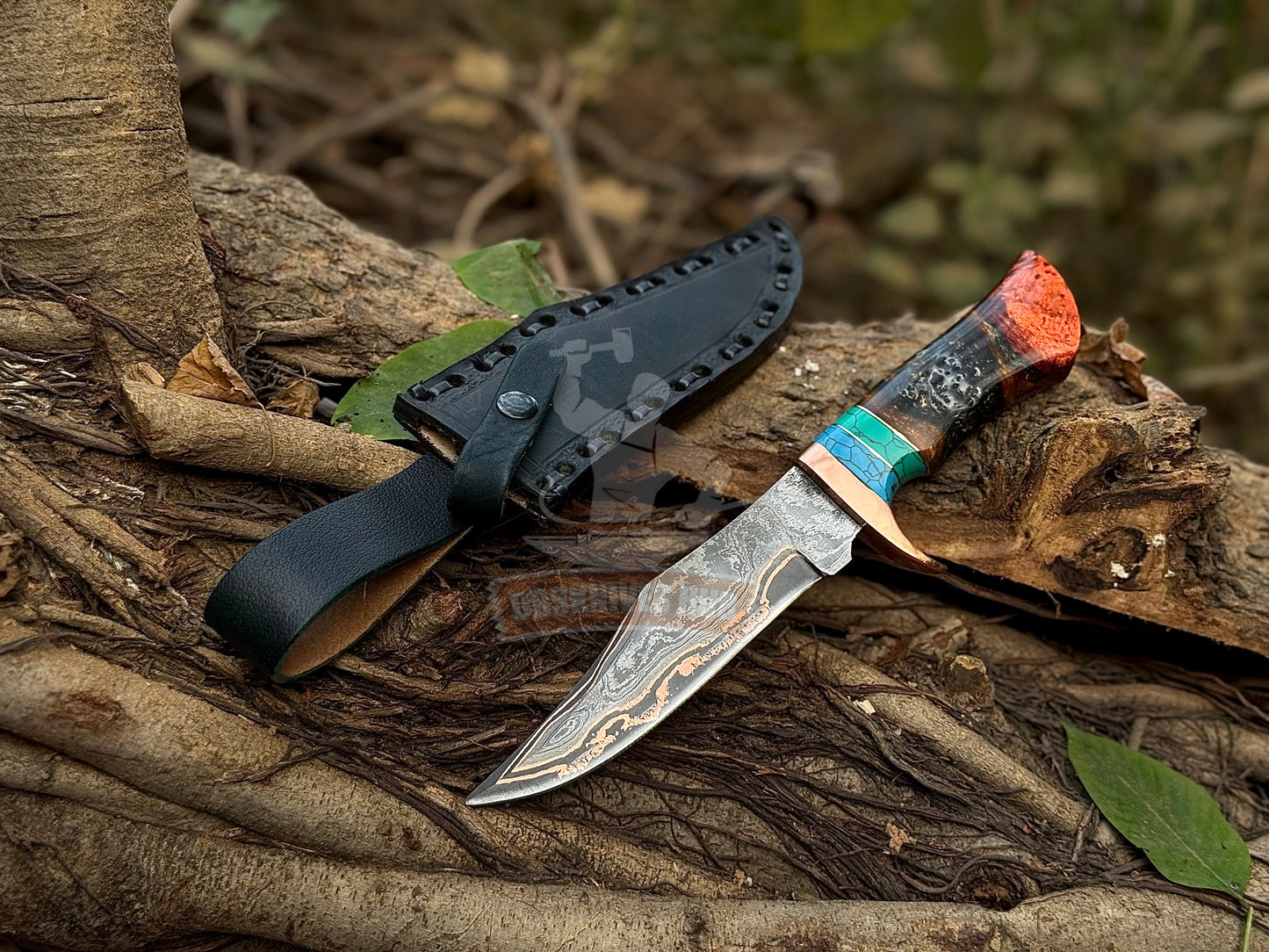 Hand Forged Copper Damascus Knife | Full Tang 12” Bowie | Resin & Stone Handle | Handmade Leather Sheath | DRSKNIVES HUB