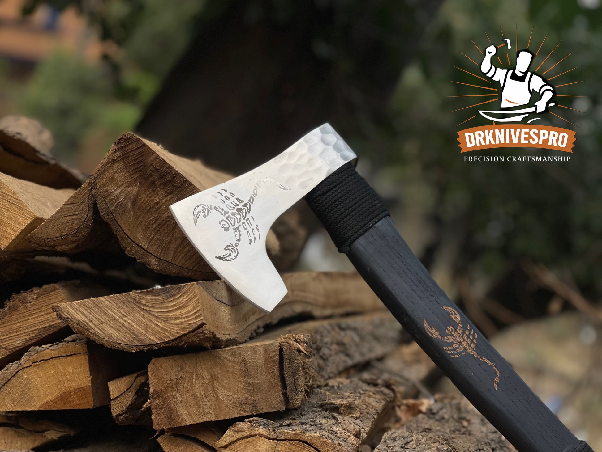 Handmade Engraved Carbon Steel Woodcarving Axe – Scorpion Design with Leather Sheath | DRSKNIVES HUB