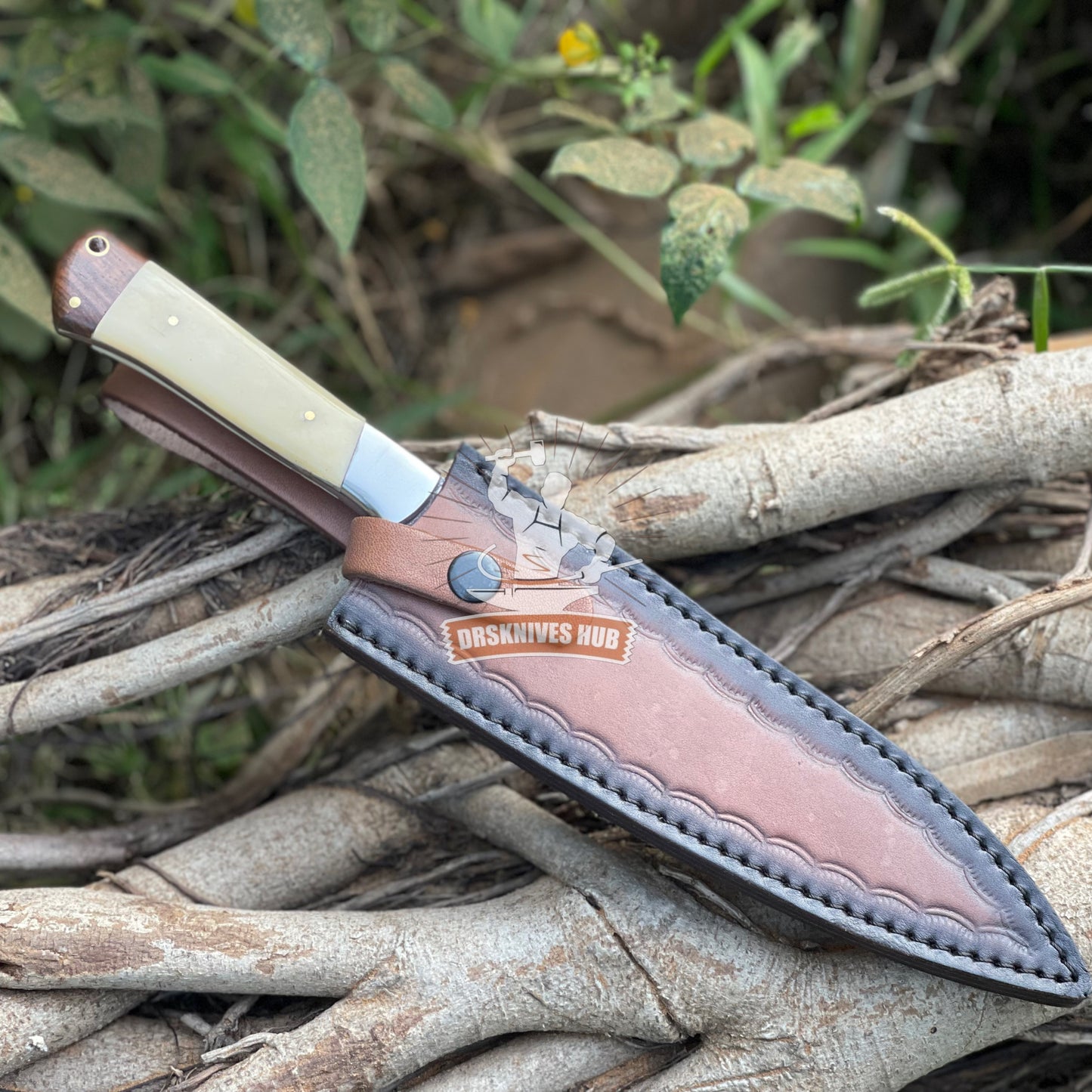 Handmade Damascus Steel Chef Knife | Rosewood & Camel Bone Handle with Leather Sheath | DRSKNIVES HUB