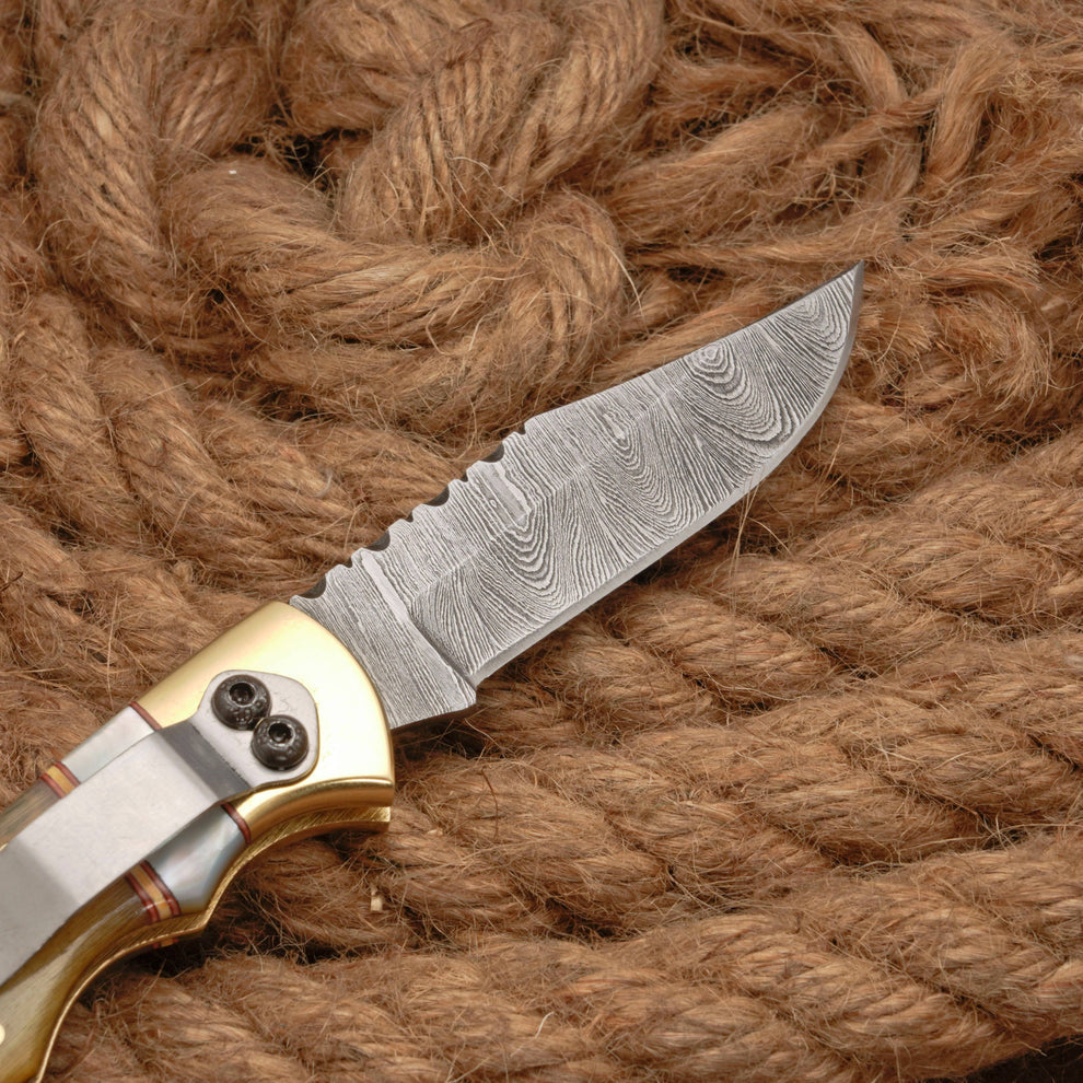 Custom handmade Damascus steel pocket knife with leather pouch || drs knives hub