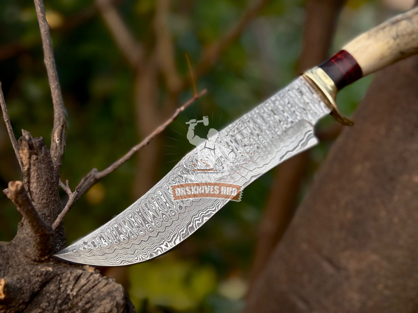 Handmade Damascus Hunting Knife with Stag Antler Handle Custom Bowie Knife | DRSKNIVES HUB 