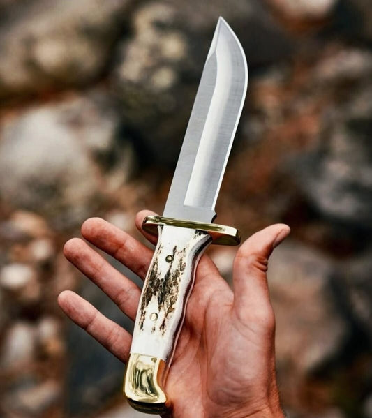 Custom Handmade 14” Carbon Steel Hunting Knife with Stag Horn Handle & Leather Sheath | DRSKNIVES HUB