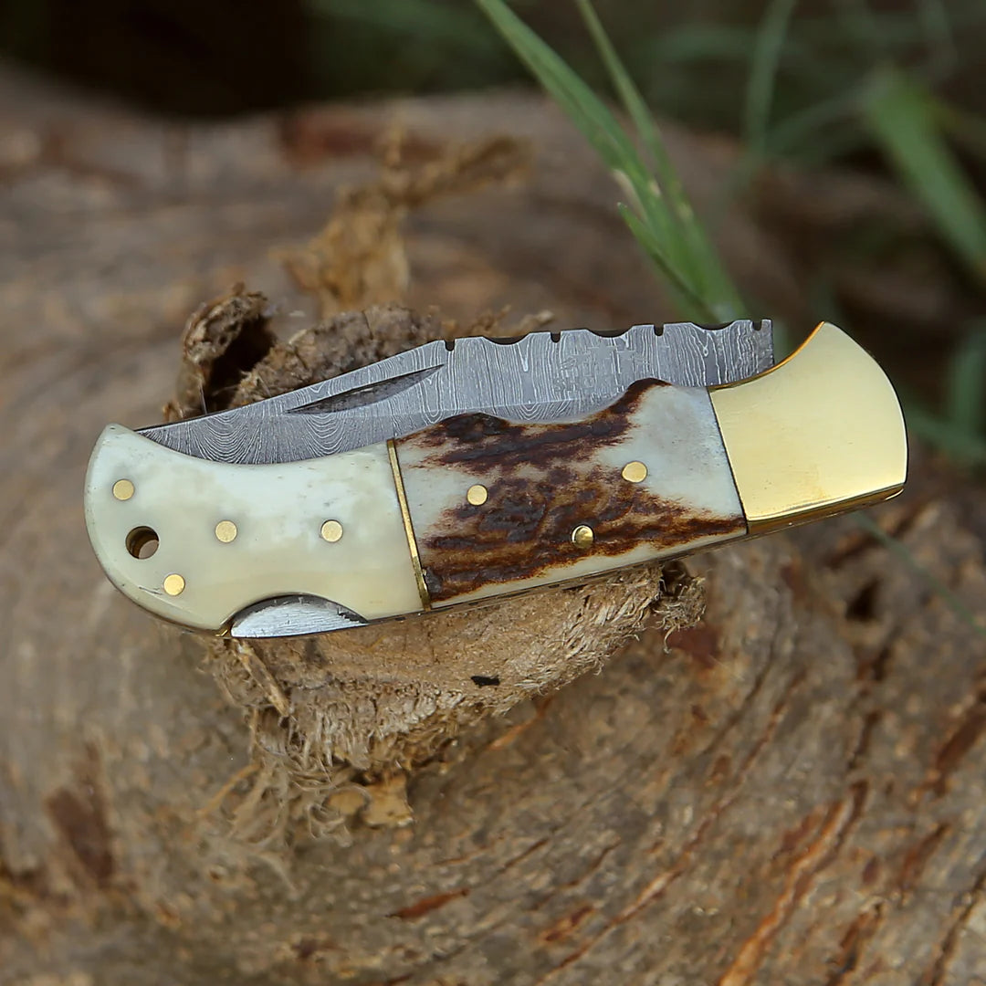 ANTLER HORN HANDLE DAMASCUS POCKET KNIFE WITH || DRS KNIVES HUB
