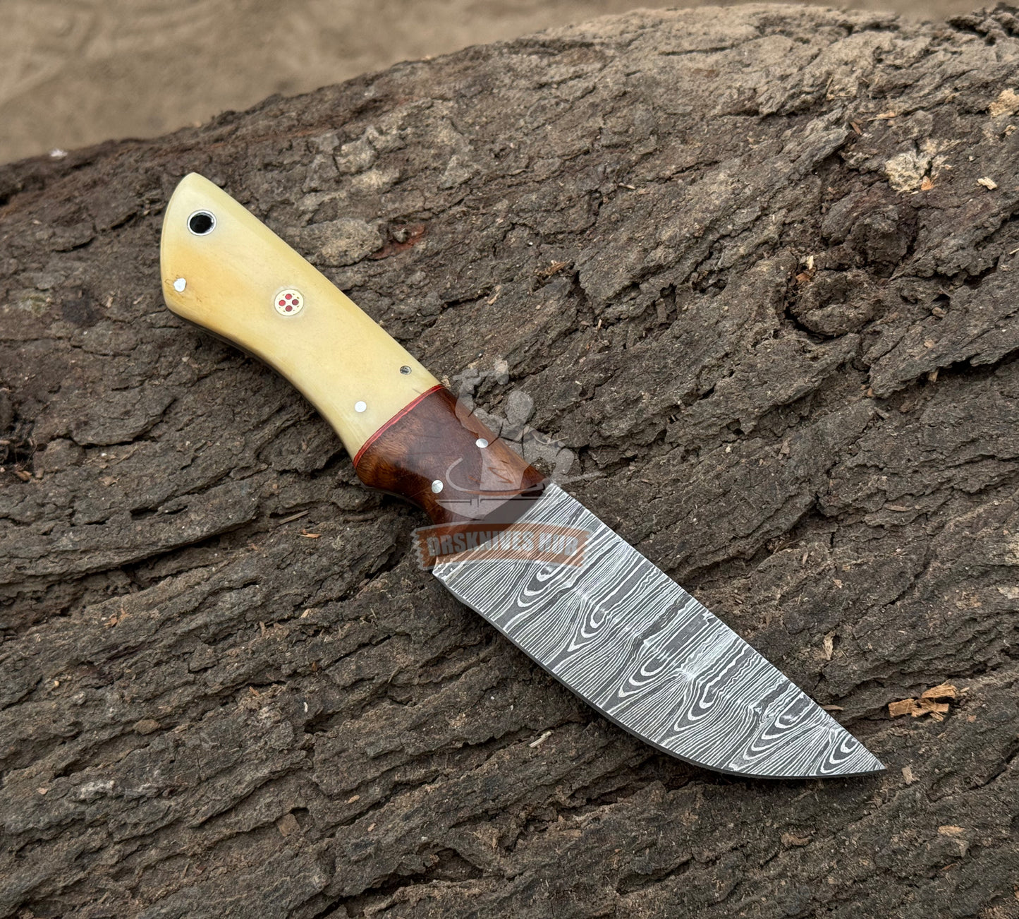 Damascus Belt Knife 9" – Bone & Wood Handle with Leather Sheath | DRSKNIVES HUB