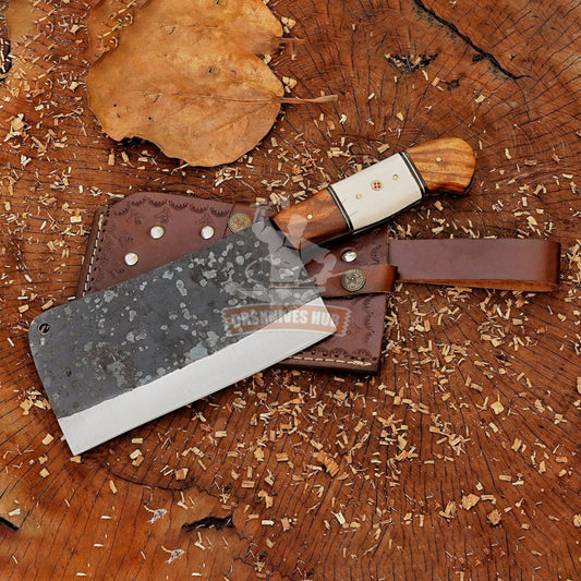 Eternal Essence Cleaver: 10" Chef Cleaver Knife with Bone & Wood Handle, Carbon Steel Meat Cleaver Knife