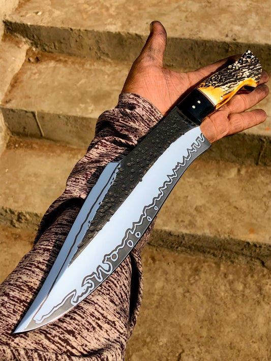 Handmade 18” Chrome Hunting Knife with Antler Handle & Leather Sheath | DRSKNIVES HUB