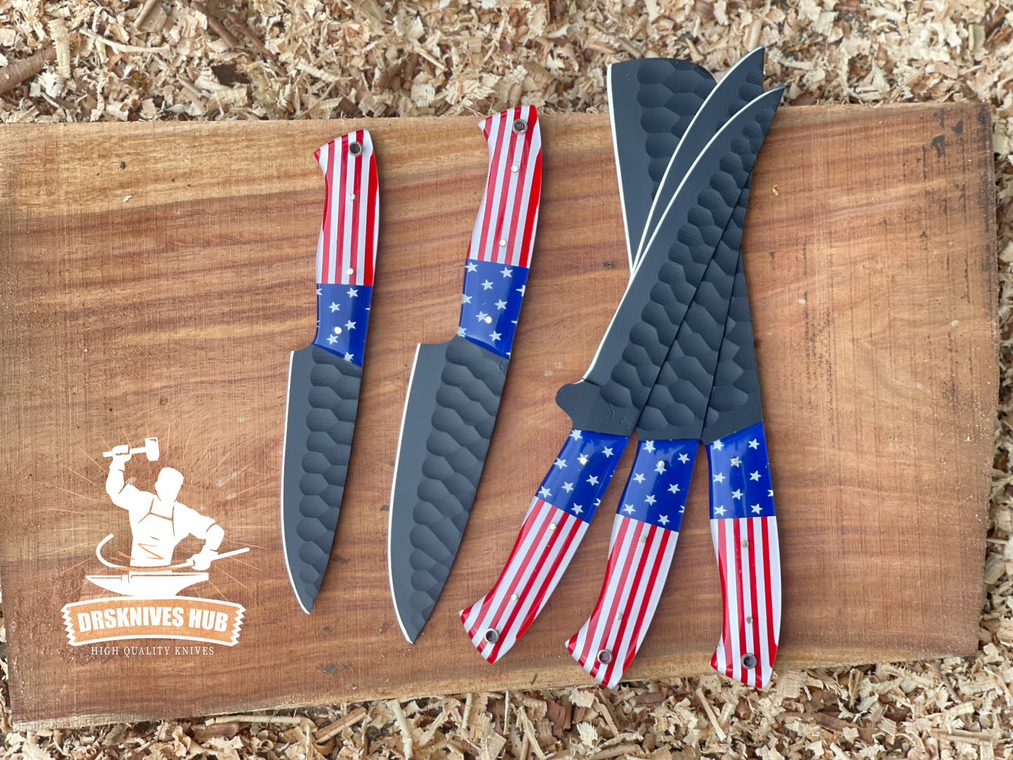 American Flag-Themed Damascus Knife Set