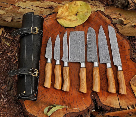 Premium 7-Piece Handmade Damascus Chef Knife Set with Leather Roll – DRSKNIVES HUB