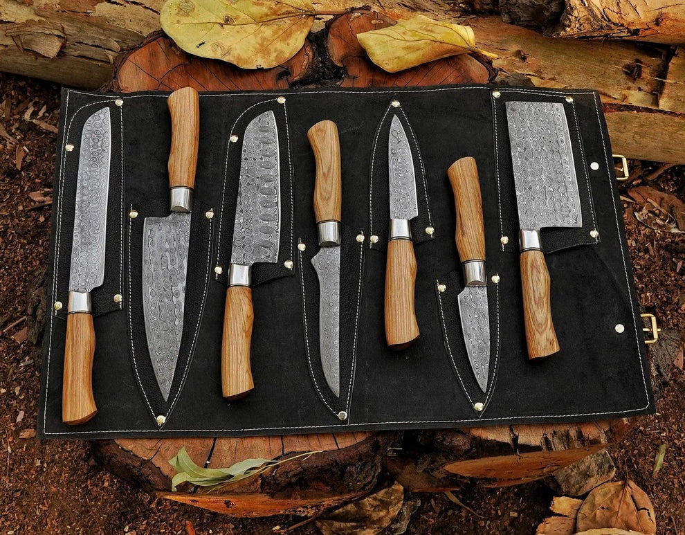 Premium 7-Piece Handmade Damascus Chef Knife Set with Leather Roll – DRSKNIVES HUB
