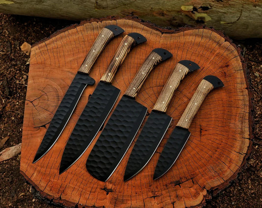 CUSTOM HANDMADE DAMASCUS STEEL POWDER COATED BLADE 5 PCS CHEF SET