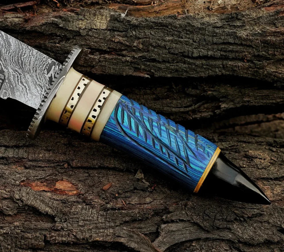 Handmade Damascus Steel Bowie Knife with Exotic Wood & Camel Bone Handle – Leather Sheath Included | DRSKNIVES HUB