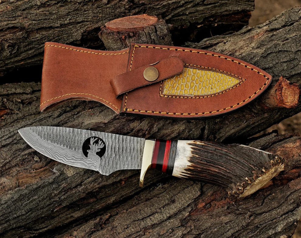 Bowie Knife Antler Horn Handle Hand Forged Damascus Steel Blade Wire Cut Hunting ,Bowie Knife With Leather Sheath Cover