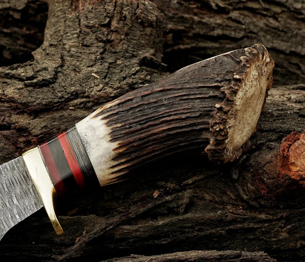 Bowie Knife Antler Horn Handle Hand Forged Damascus Steel Blade Wire Cut Hunting ,Bowie Knife With Leather Sheath Cover