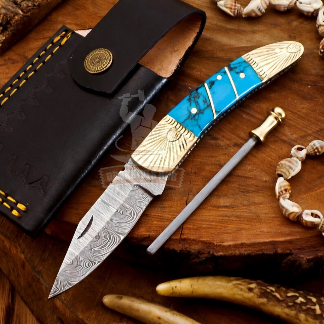 Custom Handmade Damascus Folding Knife Stone Handle Pocket Knife Birthday Gift For Dad & Son