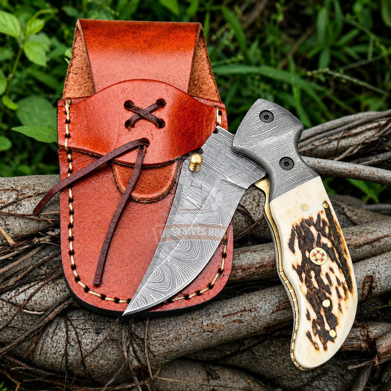 Hand Forged Damascus Steel Folding Knife Antler Handle | DRSKNIVES HUB 