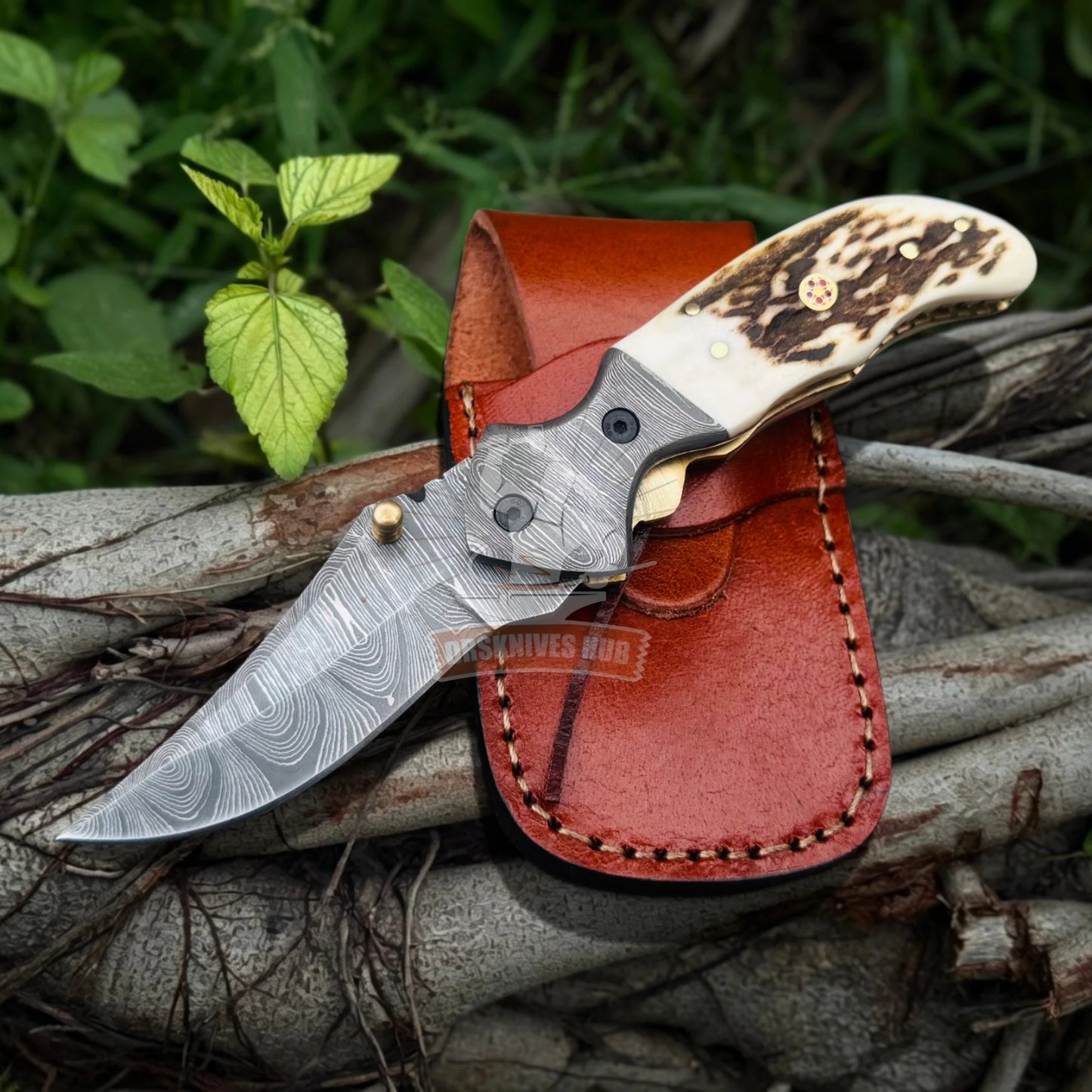 Hand Forged Damascus Steel Folding Knife Antler Handle | DRSKNIVES HUB 