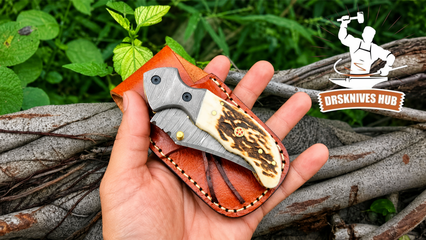 Hand Forged Damascus Steel Folding Knife Antler Handle | DRSKNIVES HUB 
