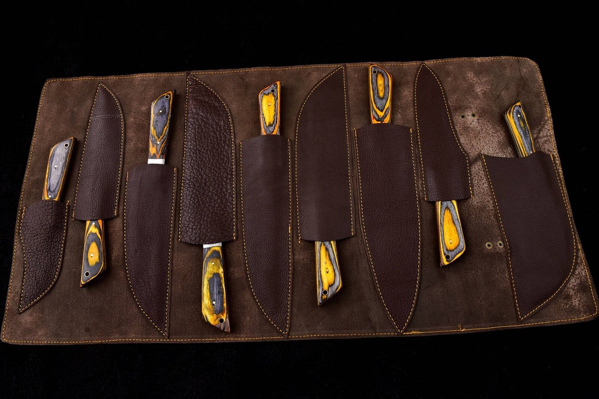 Damascus Chef Knife Set 9 Piece – Wood Handle with Leather Bag | DRSKNIVES HUB