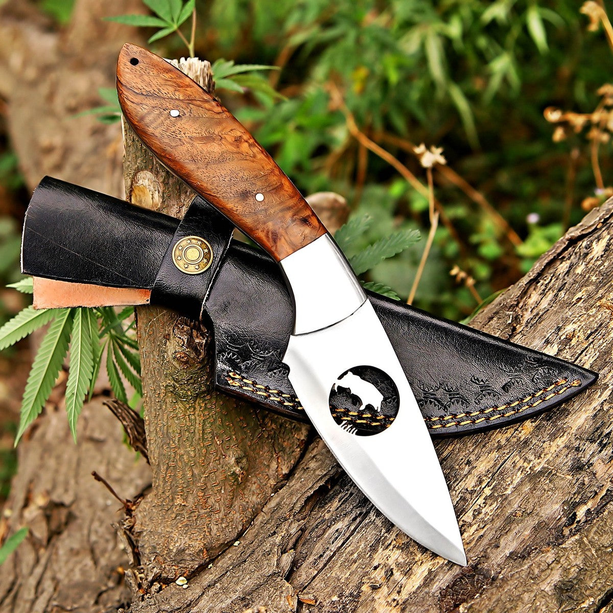 J2 Steel Skinner Knife 9" – Walnut Wood Handle Wolf Cutout | DRSKNIVES HUB
