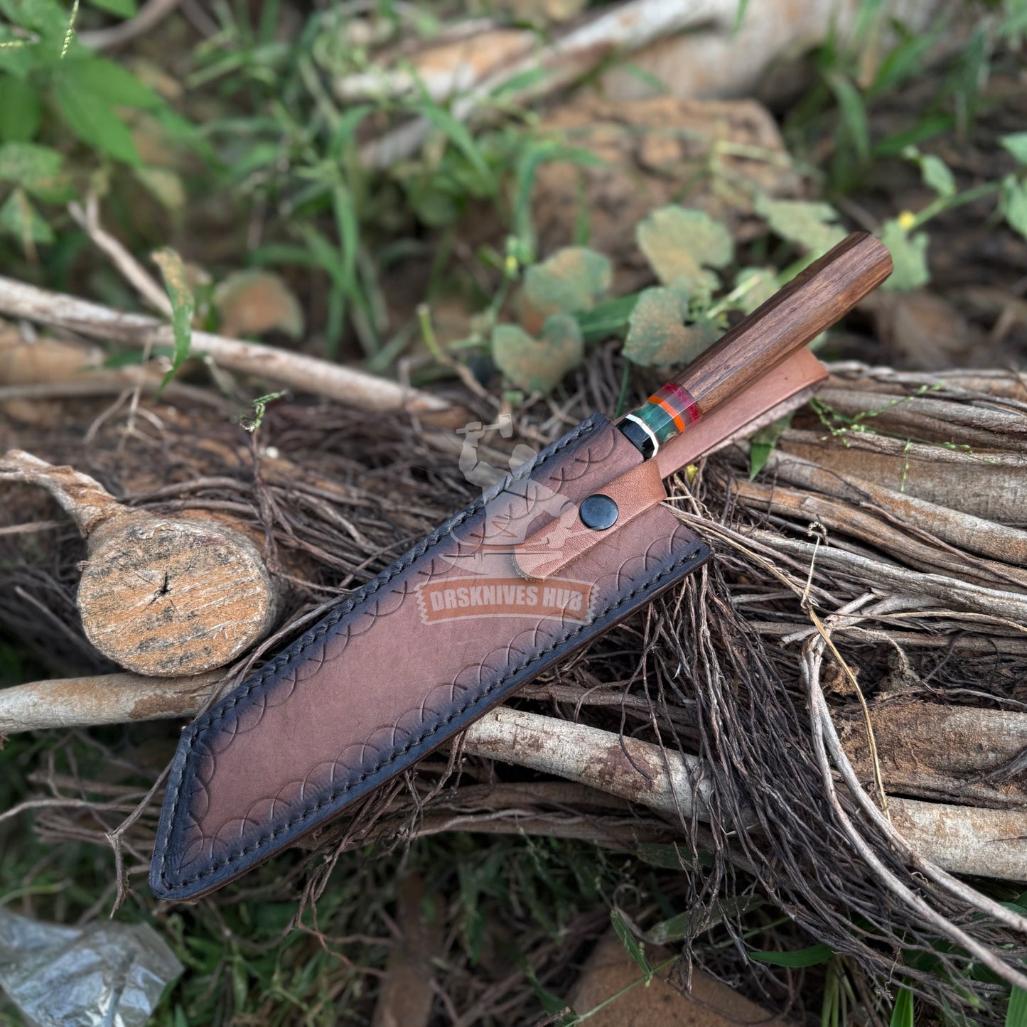 Handmade Carbon Steel Chef Knife: Rosewood Resin Handle & Leather Sheath