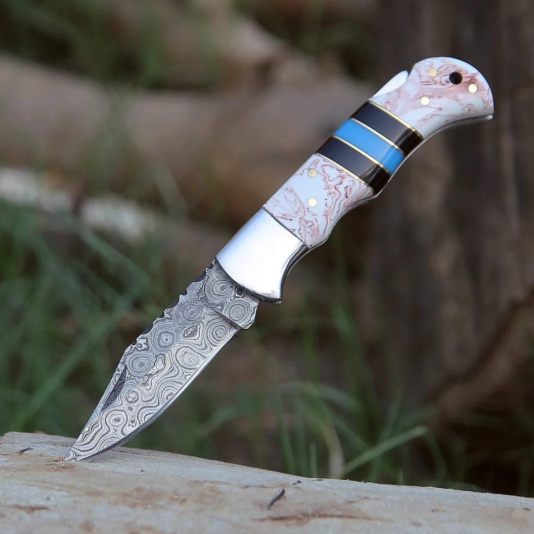 HANDMADE DAMASCUS POCKET KNIFE WITH SHEATH || DRS KNIVES HUB