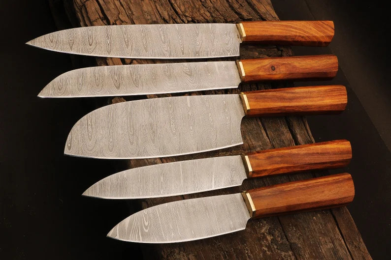 Damascus Steel 5pcs Chef Set With Beautiful Rosewood Handle