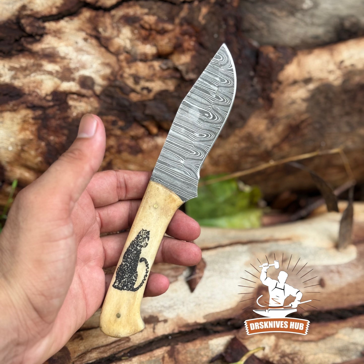 Full Tang Hand Forged Damascus Hunting Skinner Knife Bone Handle with Wolf Print | DRSKNIVES HUB