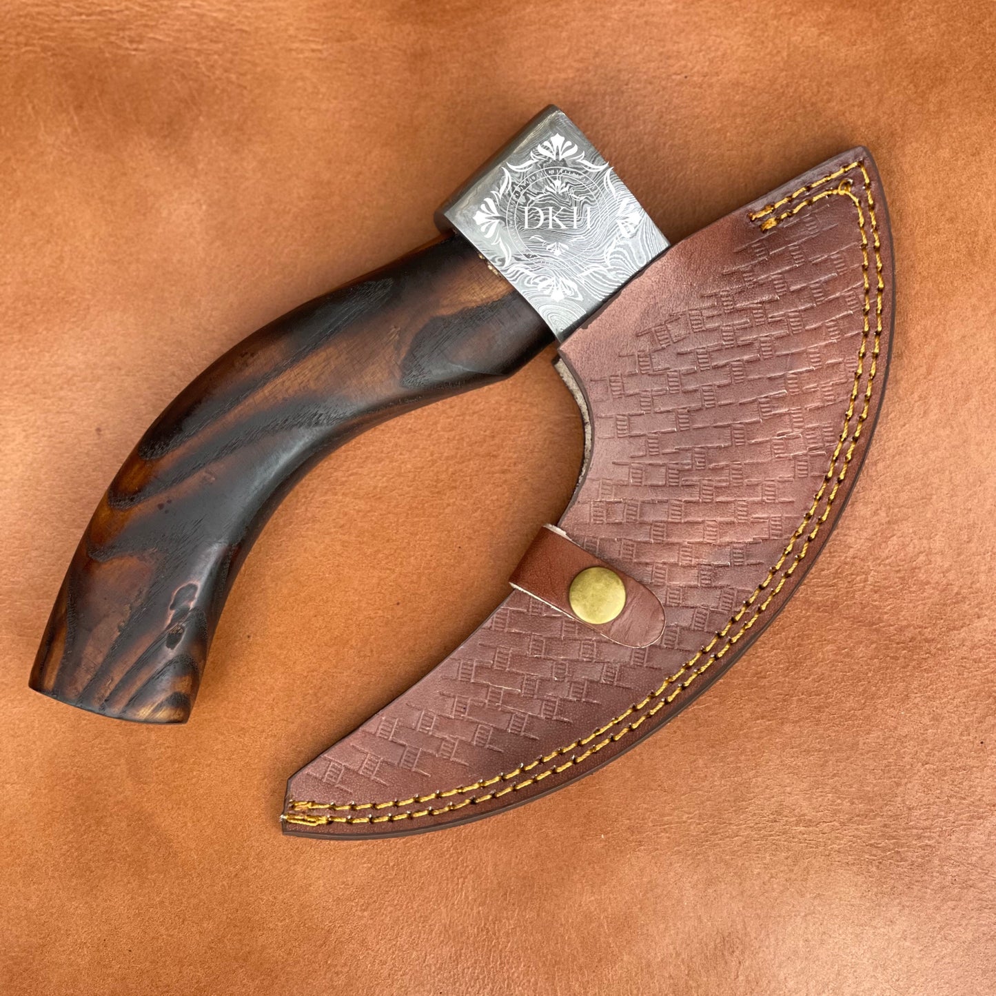 Fully Damascus steel Handmade Pizza Cutter Axe With Leather Sheath Cover Rose Wood Handle