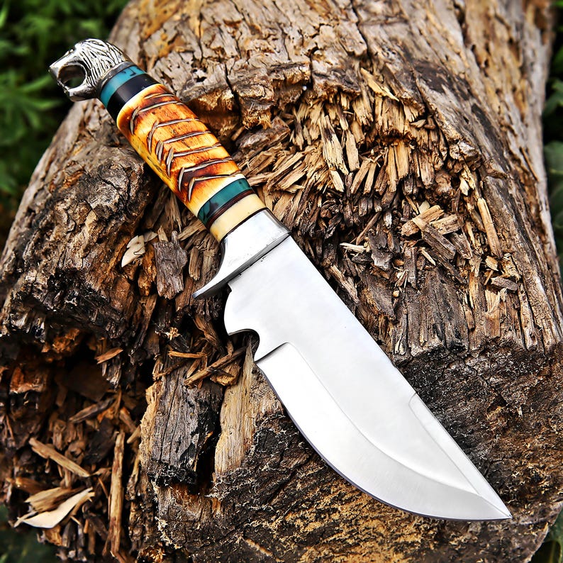 Hand Crafted J2 Steel Blade Hunting Knife Fired Bone Handle With Leather Sheath Cover