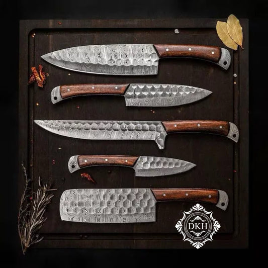 Rose Wood Handle Handmade Damascus Steel Chef Set With Leather Roll kit Bag