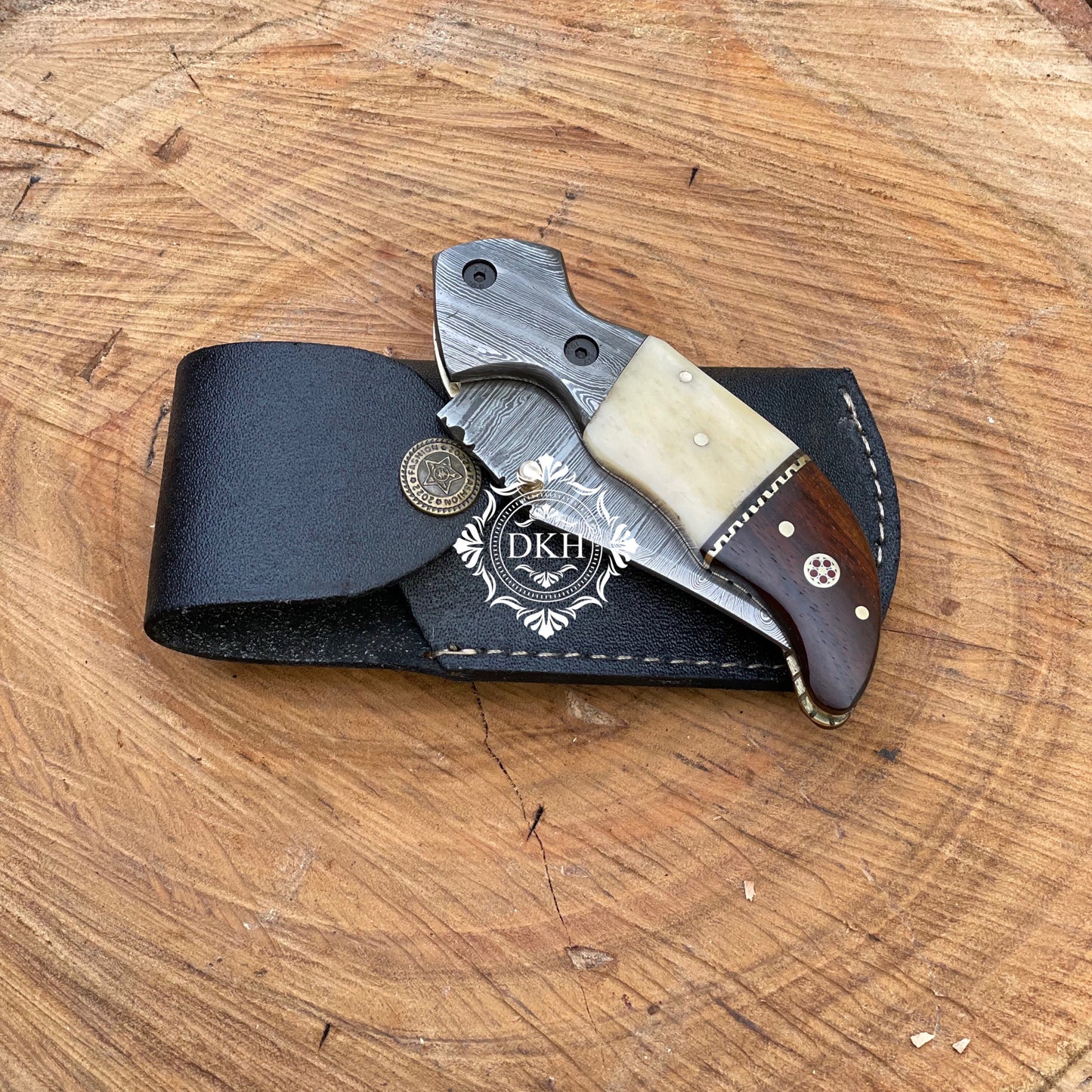 Custom Handmade Damascus Steel Pocket Folder Knife With Leather Pouch